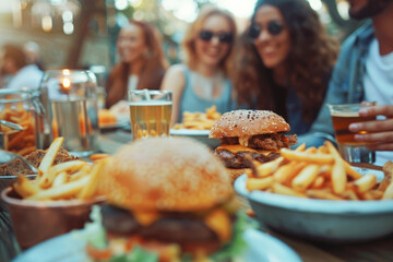 Multiracial Friends Group Sharing Vegan Burgers with Potato Fries at Outdoor Restaurant Terrace During Summer Day