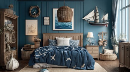 Coastal Bedroom Interior Design: Nautical Theme, Blue and Brown Tones, Wooden Furniture, Ship Decor