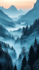 Fototapeta premium Stunning scenery of fog flowing through the valley filled with fir trees at sunrise