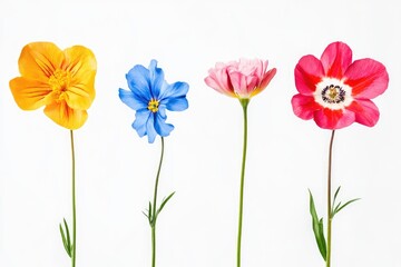 Serene Arrangement of Four Blossoming Flowers against a Bright White Backdrop