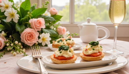 Elegant canape appetizers on luxurious table, morning celebration