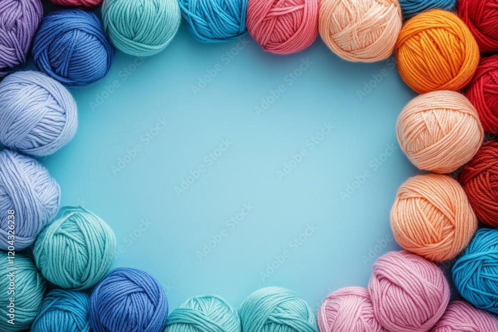 Poster knitting wool balls arranged in a frame on a light blue surface, creating a vibrant and textured com