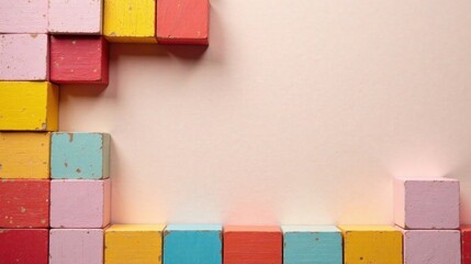 Colorful Wooden Blocks Arranged on a Pale Background Forming a Border with Copy Space