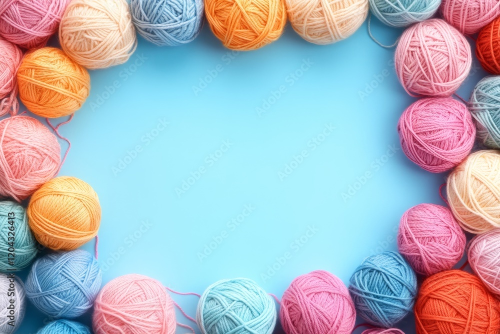 Poster colorful balls of yarn arranged in a frame on a light blue background, creating a vibrant and inviti