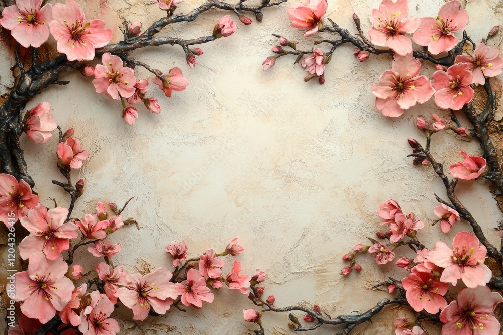 Aufkleber pink cherry blossom branches create a delicate frame on a textured background, offering space for te