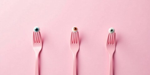 Pink Forks with Decorative Eye Candies on a Pastel Background