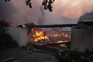 Buildings engulfed in flames in the Palisades fire