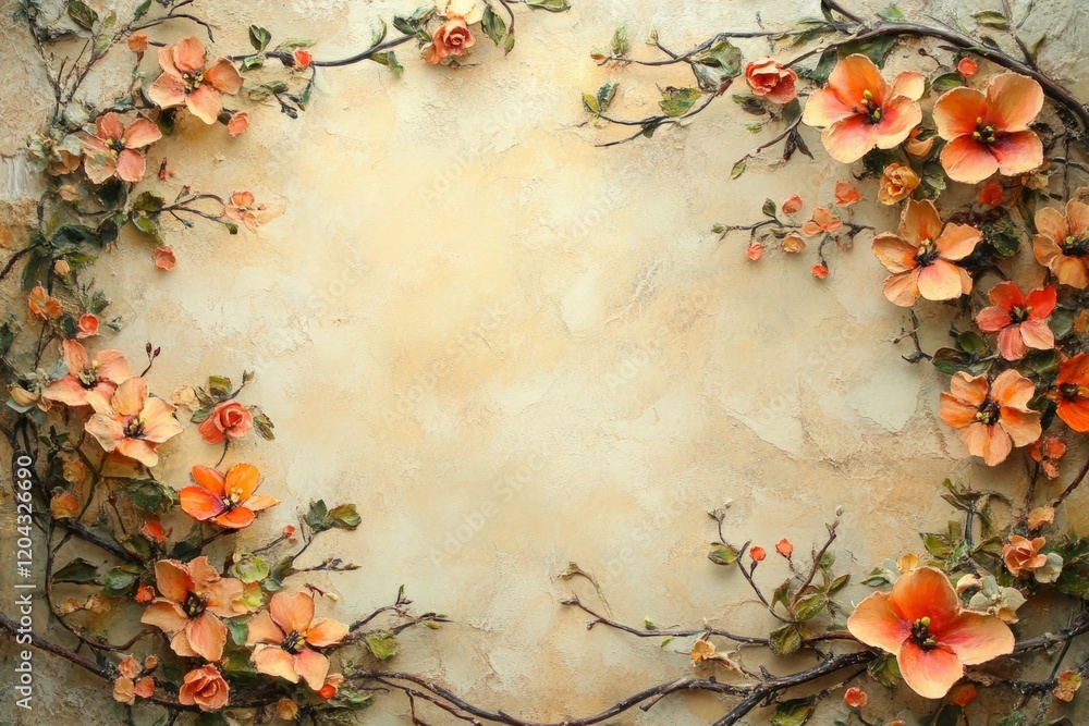 Poster decorative orange flowers branches creating a frame on textured background with copy space
