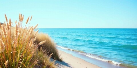 Serene coastal scene featuring sunlit beach grass and tranquil ocean waves on a bright sunny day