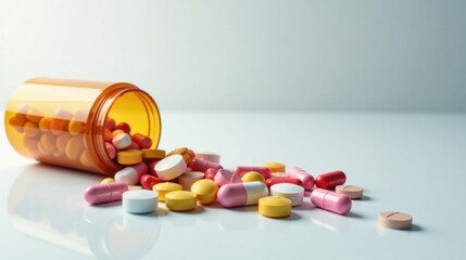 A spilled container of various shapes and colors of medication pills on a light surface