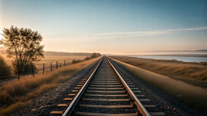 Fototapeta premium Tranquil railroad tracks leading into the distance along a scenic landscape at sunrise