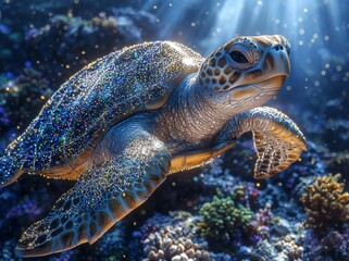 Fototapeta premium Sea Turtle beneath the waves, exploring a dimly lit ocean, belonging to the Cheloniidae family, a crucial part of marine wildlife, during a nighttime dive