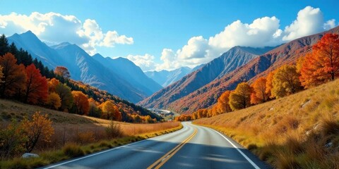 Autumnal Drive Through a Majestic Mountain Pass with Vibrant Foliage