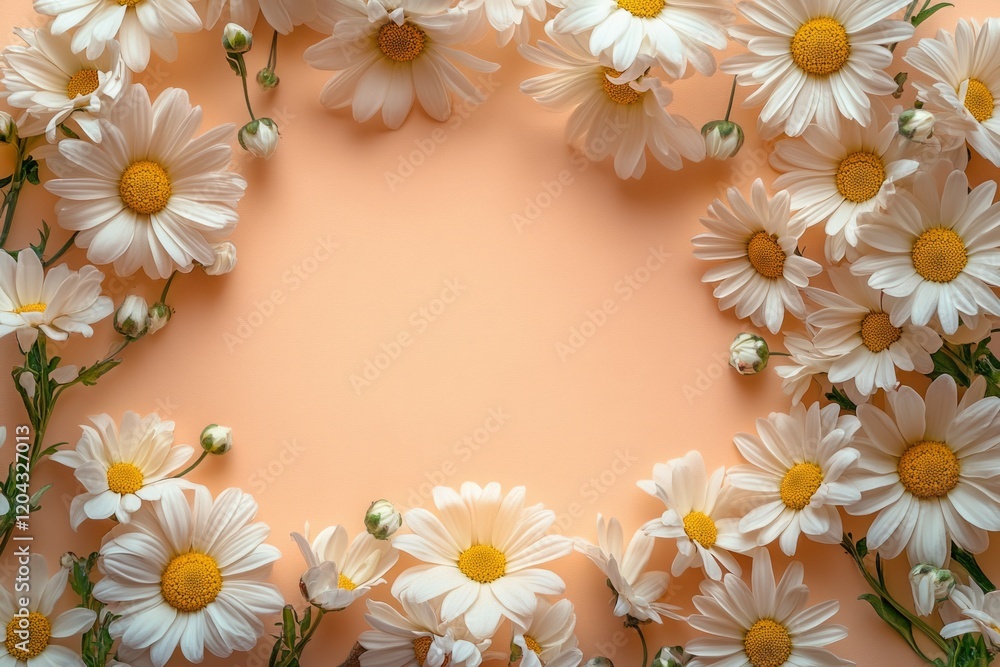 Poster white daisy flowers creating a frame on a peach colored background with negative space for text or d