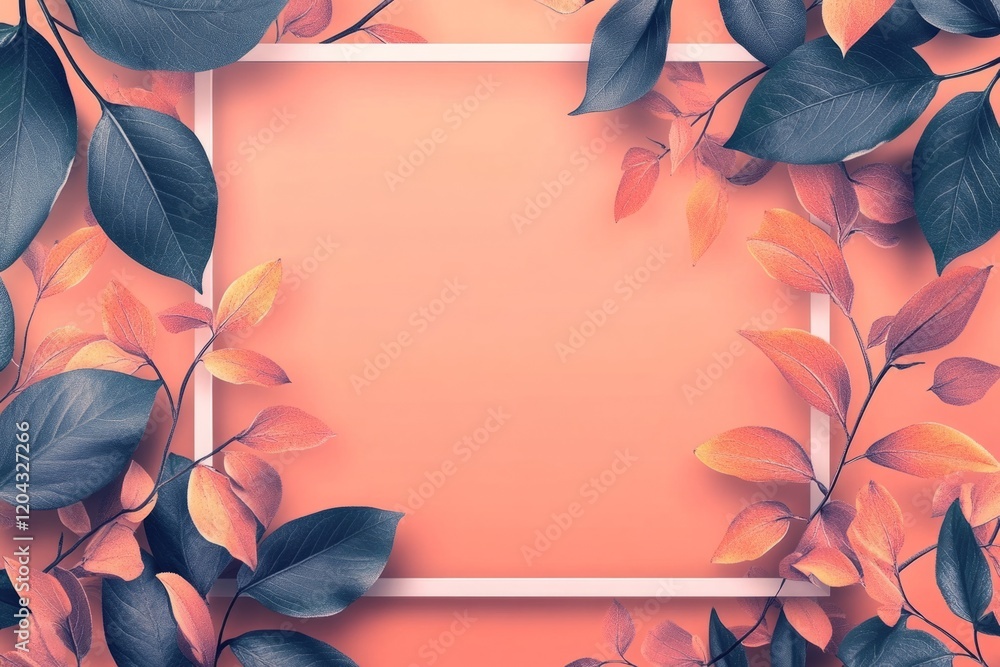 Poster elegant autumn leaves frame a white rectangle on a gradient background, creating a stylish and seaso