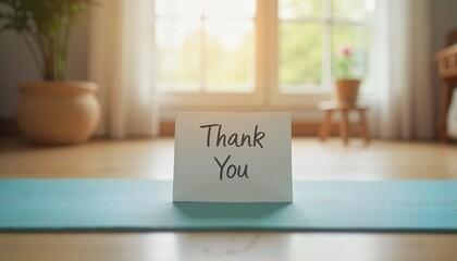 Thank You card on yoga mat in sunlit room, symbolizing appreciation and relaxation