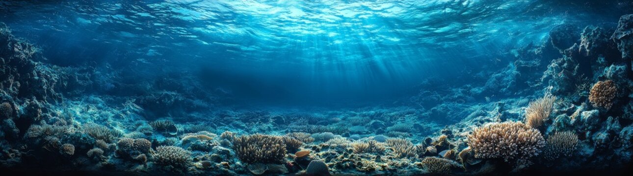 Warm sunlight bathes a vibrant coral reef, creating an ethereal underwater scene with a shimmering glow on the ocean floor