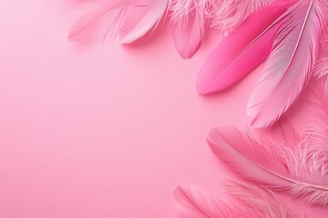 Naklejka premium Soft pink feathers arranged on a matching pink background, creating a delicate and feminine border with copy space