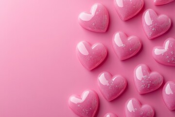 Obraz premium Pink glitter hearts are arranged diagonally on a pink background, creating a romantic and festive atmosphere