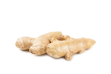 Fresh ginger isolated on white background. Sliced ​​ginger. Ginger root. Traditional alternative medicine, healing tea for immunity. Close-up.
