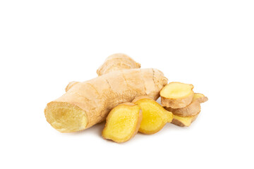 Fresh ginger isolated on white background. Sliced ​​ginger. Ginger root. Traditional...