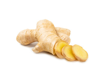 Fresh ginger isolated on white background. Sliced ​​ginger. Ginger root. Traditional alternative medicine, healing tea for immunity. Close-up.