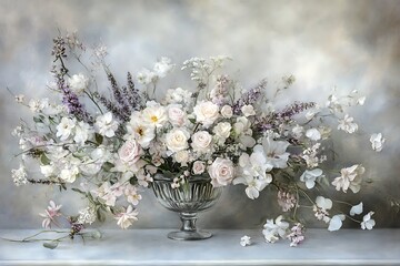 Elegant Pastel Floral Arrangement in Crystal Vase, Soft Background