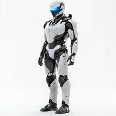 Fototapeta premium Silver Humanoid Robot with Blue Eyes on White Background