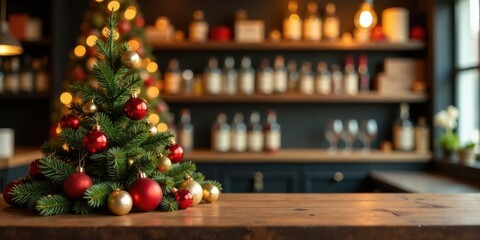 Festive miniature evergreen tree adorned with red and gold ornaments sits on a wooden surface in front of a blurred background featuring a liquor shelf with bottles and warm lighting.