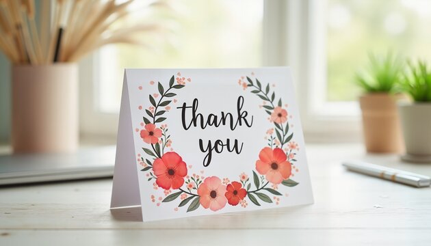 Floral thank you card on wooden table, pastel colors, appreciation and gratitude theme