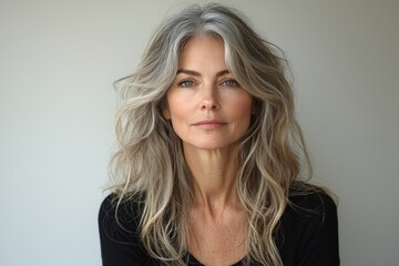 Naklejka premium A captivating woman with stunning gray hair and a mesmerizing gaze