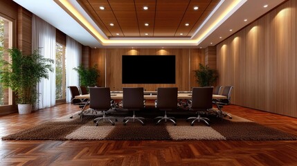 Fototapeta premium Modern wood-paneled boardroom, meeting table, large screen, natural light. Ideal for business presentations