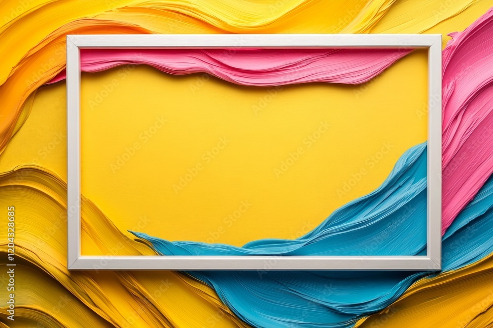 Poster white frame surrounded by colorful brushstrokes creating a vibrant and artistic backdrop on a yellow