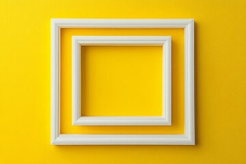 Two white empty frames hanging on a yellow wall creating a modern and minimalist style, perfect for showcasing artwork or photography