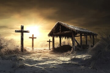 Manger Scene with Crosses: A Symbol of Faith at Christmas and Easter Emphasizing Jesus Christ's Journey