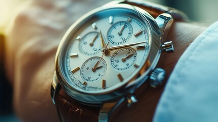 Fototapeta premium Luxury watch on wrist, close-up of sleek watch face, elegant timepiece in soft light