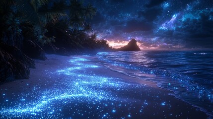Fototapeta premium Magical bioluminescent beach scene with glowing lights in the water, bathed in starlight and framed by a picturesque coastal landscape