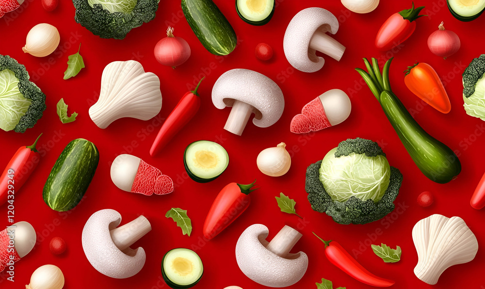 Poster vibrant red veggie pattern, a lively design featuring an array of colorful vegetables on a seamless 