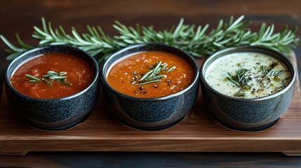 Several bowls, brimming with vibrant saucy flavors, are elegantly garnished with rosemary sprigs, inviting a journey of culinary discovery and indulgence.