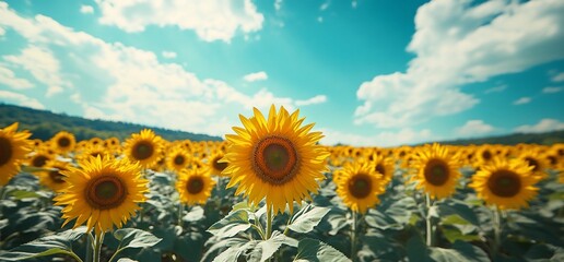 Sunny sunflower field, summer landscape. Use Website, calendar