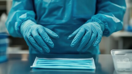 Medical mask and gloves, close-up of hands putting on gloves, mask on a table