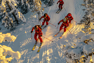 Skiers Racing Through Snowy Forest Captured from Drone View in Winter Landscape