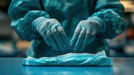 Medical mask and gloves, close-up of hands putting on gloves, mask on a table