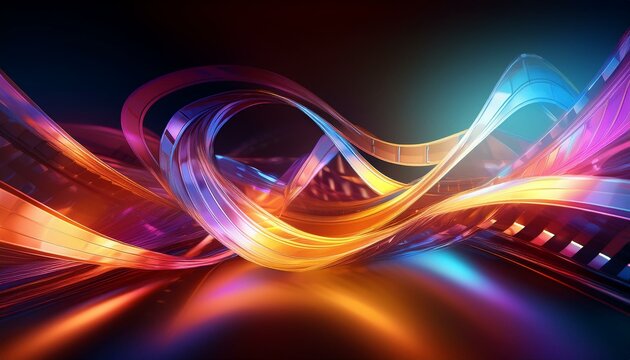 An abstract background featuring intertwined film strips in dynamic waves, illuminated with cinematic light effects and vibrant gradients, perfect for website headers or presentation slides.
