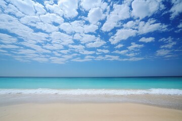 Fototapeta premium Joyful Friday Message Against a Stunning Blue Sky Over a Serene Beach Landscape