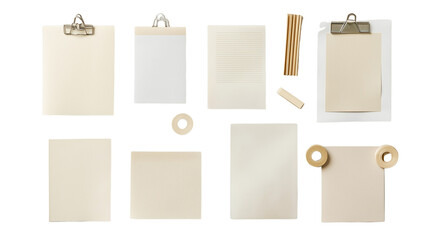 Set of Blank Beige Sticky Notes with Wooden Clips – Minimalist Office Supplies  on a transparent background	


