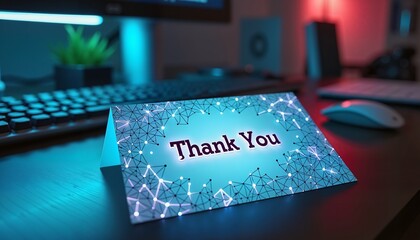 Futuristic thank you card on desk with glowing lights, digital appreciation theme