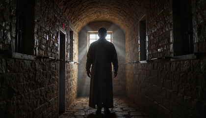 Mysterious apparition standing in stone corridor, historical haunting