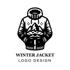  Black and white winter jacket with fur hood vector logo design, featuring stylized modern coat illustration for branding, apparel, and graphic art projects.
