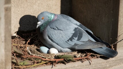 A pigeon sitting in a nest and hatching eggs. It is surrounded by a small nest made of twigs and leaves. The nest is located in a shaded corner of the ledge of the building.